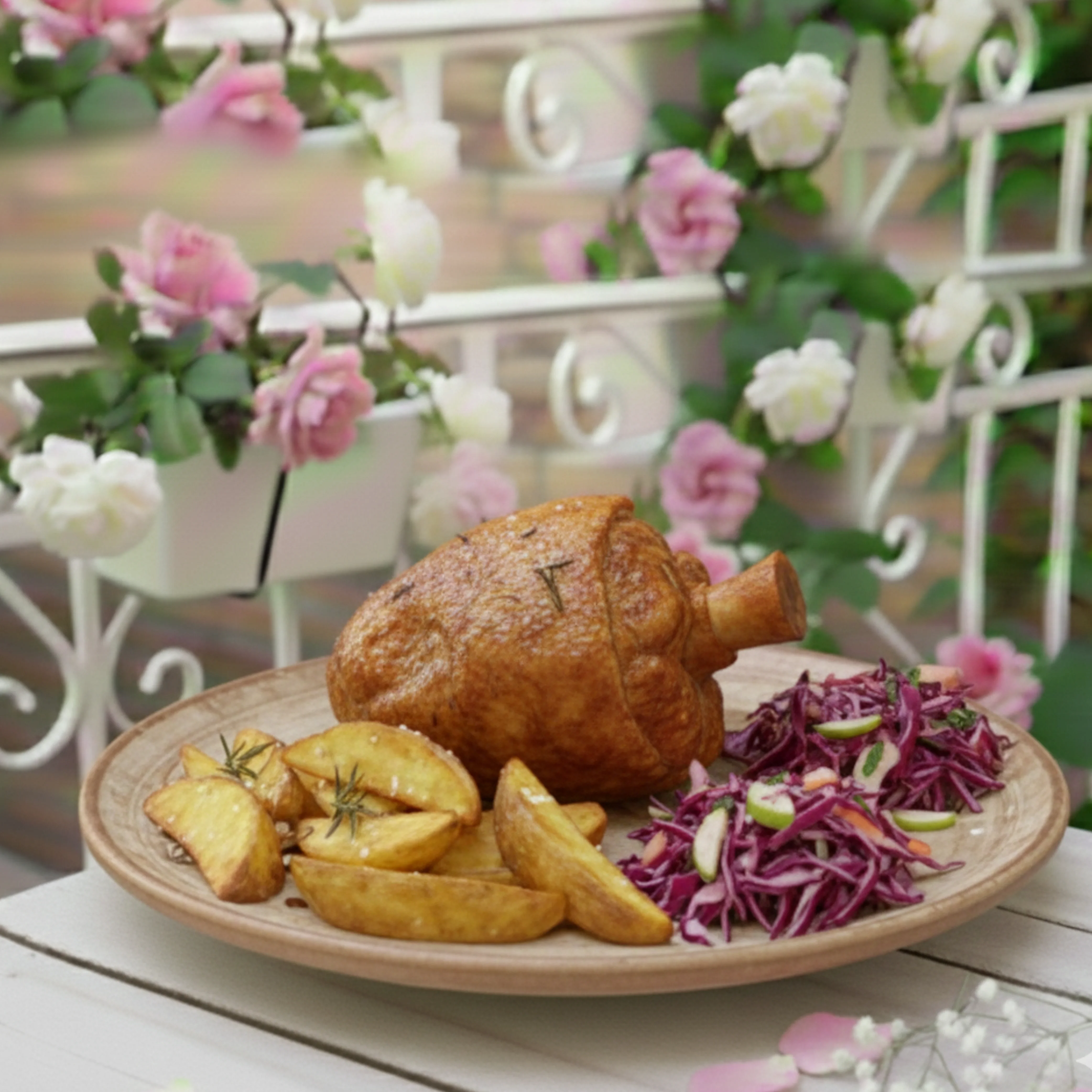 CIOLAN IMBIBAT IN BERE CU CARTOFI WEDGES SI SALATA DE VARZA ROSIE