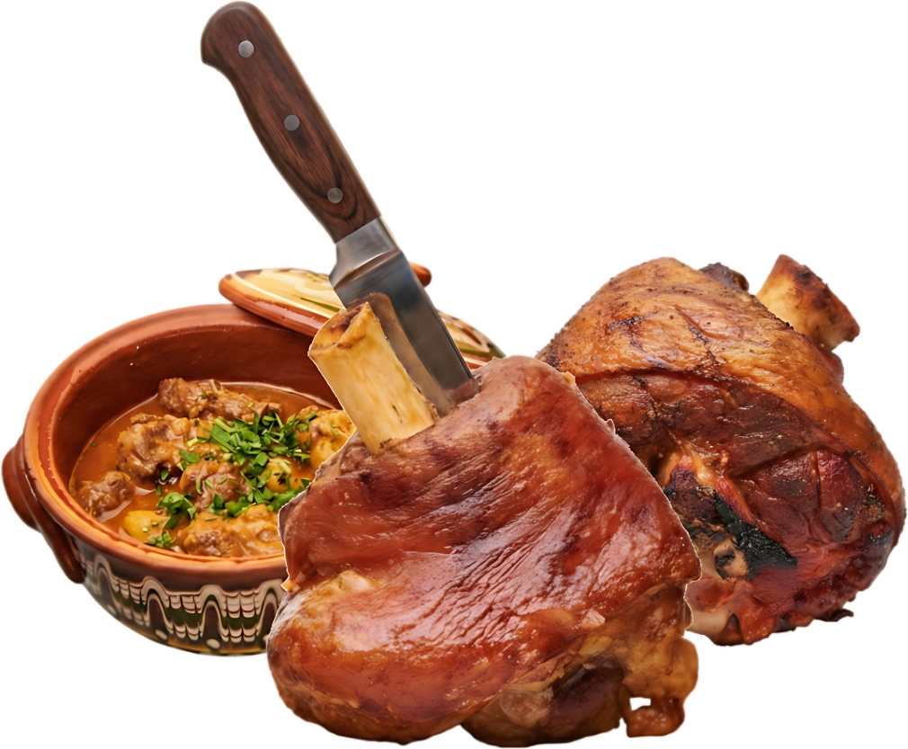 Ciolan de porc rumenit și o tocăniță în vas de lut, preparate pe jar ca la Terasa Florilor